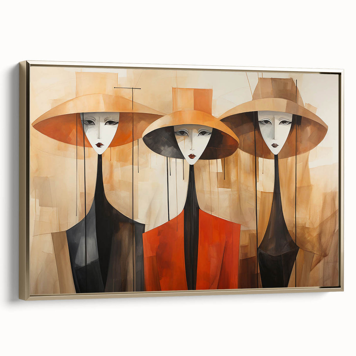 Framed abstract figurative wall art featuring a gold and black design, showcasing modern aesthetics in a stylish living room setting.