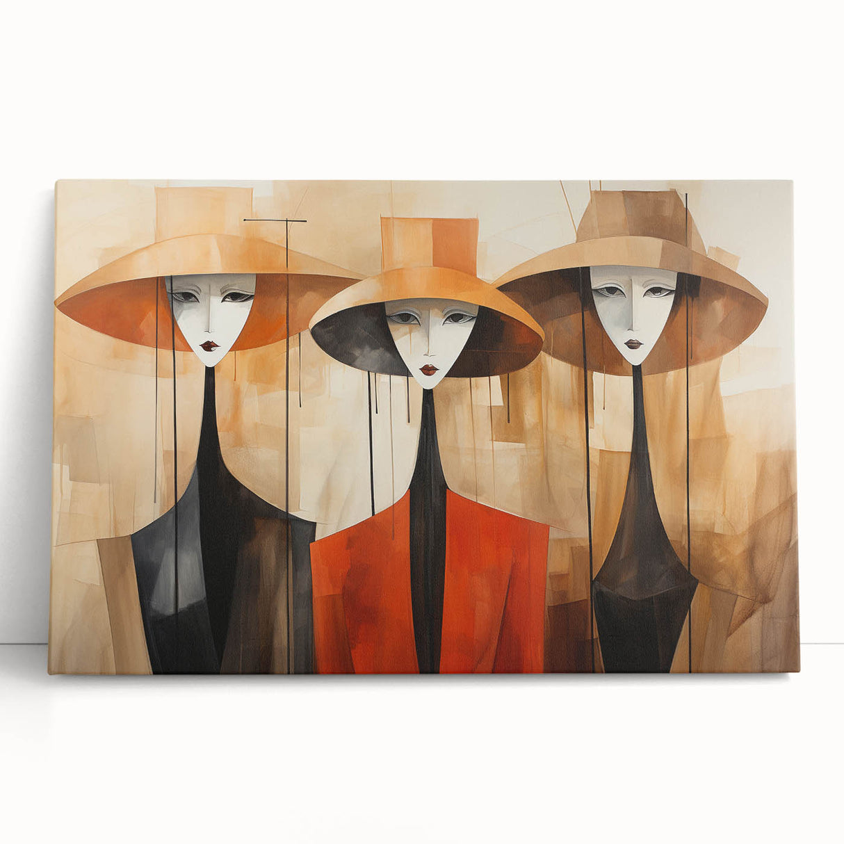 Abstract figurative design wall art collection on stretched canvas, showcasing vibrant colors and modern shapes, perfect for contemporary decor.