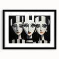 Abstract figurative wall art design featuring a striking black frame and mat, showcasing vibrant colors and dynamic shapes, ideal for modern decor.