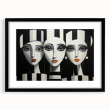 Abstract figurative wall art design featuring a striking black frame and mat, showcasing vibrant colors and dynamic shapes, ideal for modern decor.