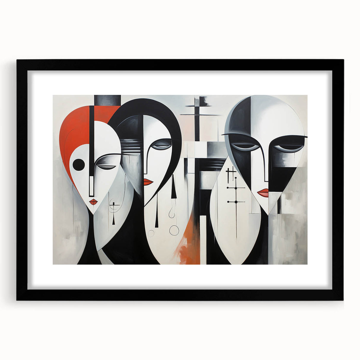 Abstract figurative wall art collection featuring a black frame and mat, showcasing vibrant colors and unique shapes for modern decor.