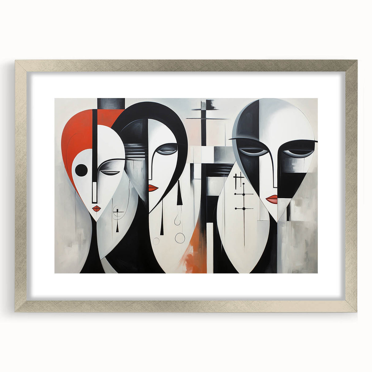 Framed abstract figurative wall art in a sleek silver frame, featuring vibrant colors and dynamic shapes, ideal for modern decor.