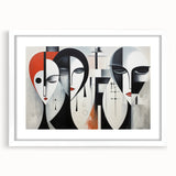 Framed abstract figurative wall art in a white mat, showcasing vibrant colors and unique shapes, perfect for modern home decor.
