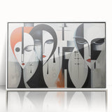 Framed abstract figurative wall art design showcasing vibrant colors and dynamic shapes, set in a sleek white frame for modern decor.