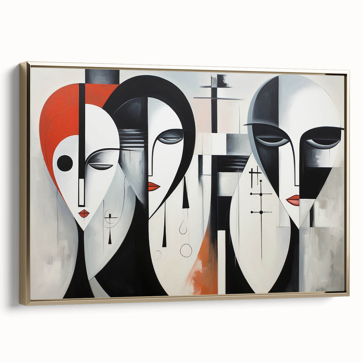 Framed abstract figurative wall art in gold tones, showcasing modern design elements with a sleek side view against a neutral background.