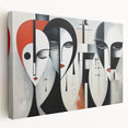 Abstract figurative wall art design on stretched canvas, showcasing vibrant colors and dynamic shapes, ideal for modern home decor.
