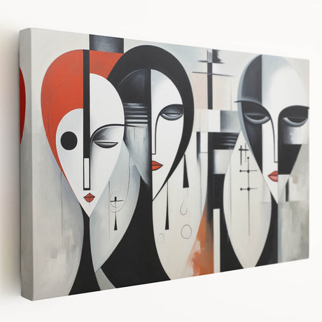 Abstract figurative wall art design on stretched canvas, showcasing vibrant colors and dynamic shapes, ideal for modern home decor.