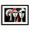 Abstract figurative wall art design in a black frame with mat, showcasing vibrant colors and dynamic shapes, perfect for modern decor.