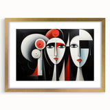 Abstract figurative wall art collection framed in gold, showcasing vibrant colors and unique designs, ideal for modern home decor.
