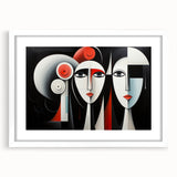 Framed abstract figurative wall art design showcasing vibrant colors and dynamic shapes, set in a sleek white mat and frame for modern decor.