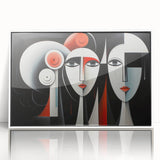 Framed abstract figurative wall art design showcasing vibrant colors and fluid shapes, presented in a sleek white frame, enhancing modern decor.