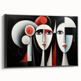 Framed abstract figurative wall art design showcasing vibrant colors and dynamic shapes, set against a sleek black frame, side view.