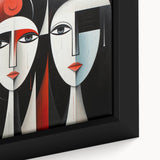 Close-up of abstract figurative wall art featuring vibrant colors and dynamic shapes, framed for a modern aesthetic in any space.