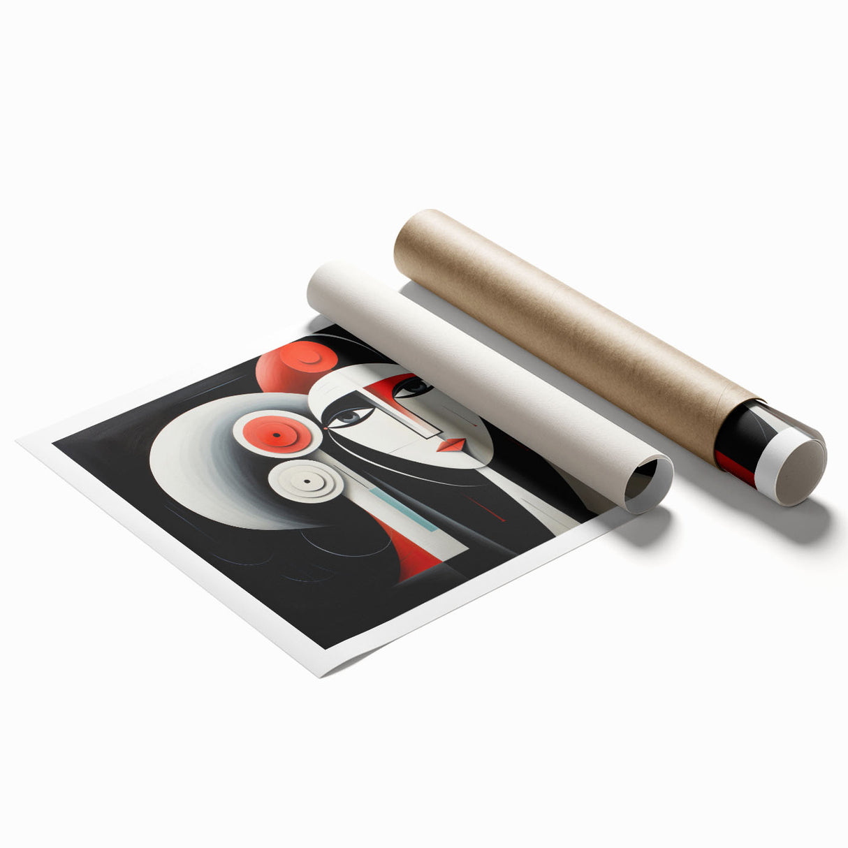 Abstract figurative wall art print showcasing vibrant colors and dynamic shapes, rolled and ready for framing, perfect for modern decor.