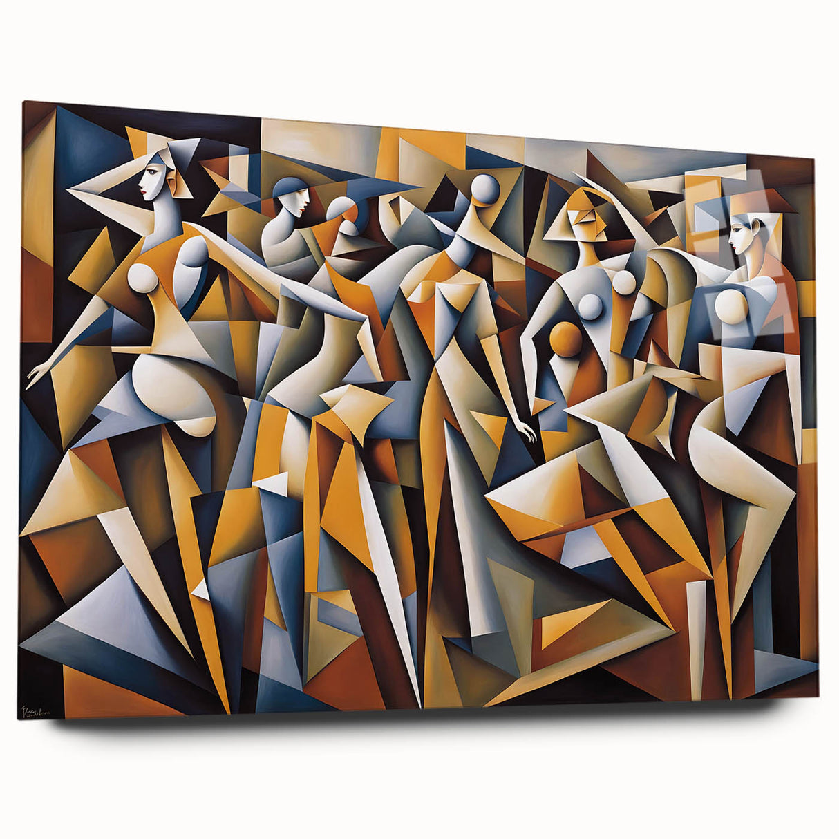 Acrylic glass wall art piece showcasing an abstract figurative design with vibrant colors, displayed from a side view to highlight its sleek finish.