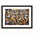 Abstract figurative wall art design in a black frame with mat, showcasing vibrant colors and dynamic shapes, ideal for modern decor.