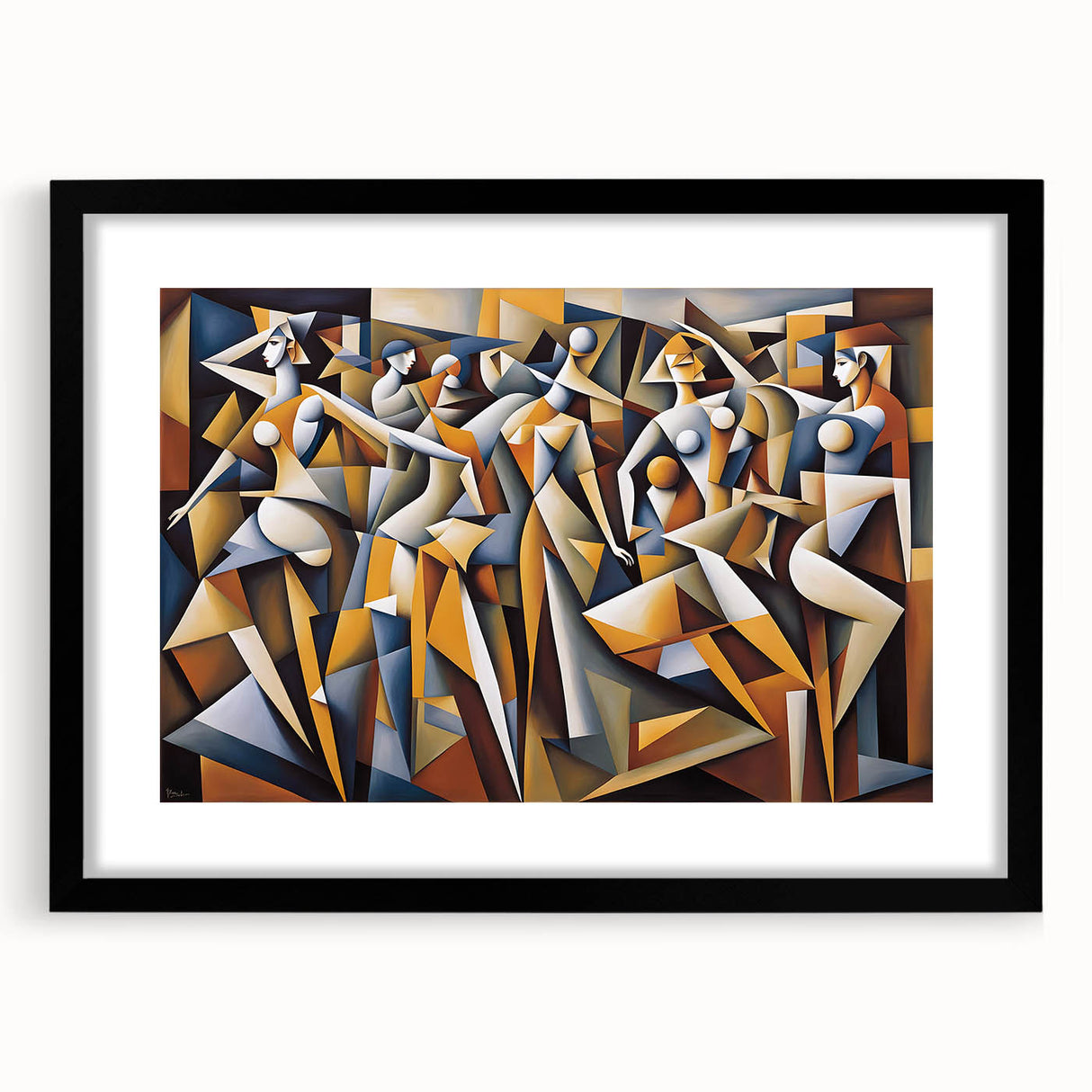 Abstract figurative wall art design in a black frame with mat, showcasing vibrant colors and dynamic shapes, ideal for modern decor.
