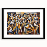 Abstract figurative wall art design in a black frame with mat, showcasing vibrant colors and dynamic shapes, ideal for modern decor.