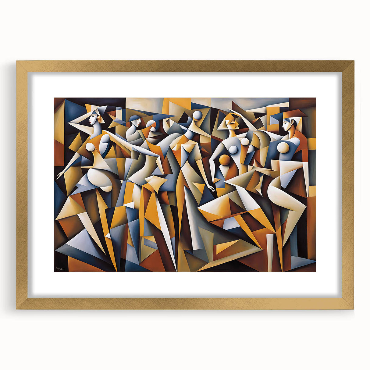 Abstract figurative wall art collection featuring a gold-framed design with a mat, showcasing vibrant colors and modern artistic elements.