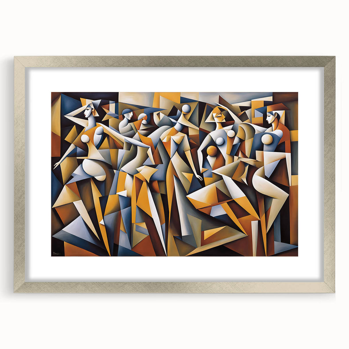 Framed abstract figurative wall art in a sleek silver frame with matting, showcasing vibrant colors and modern design elements for stylish decor.