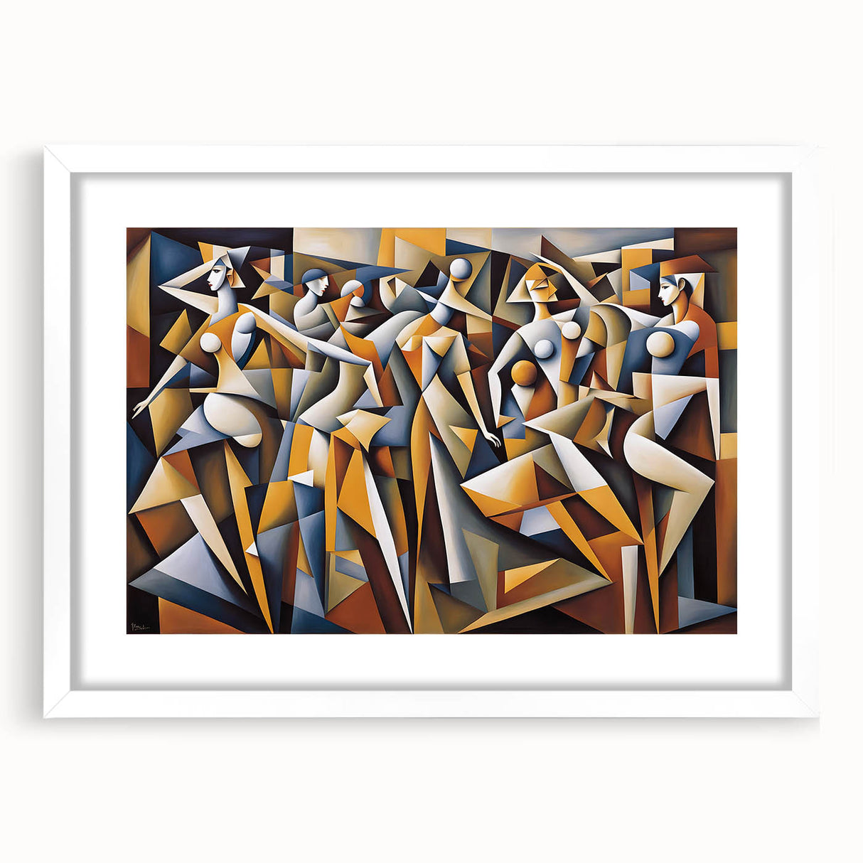 Framed abstract figurative wall art featuring vibrant colors and dynamic shapes, presented in a white mat and sleek frame for modern decor.