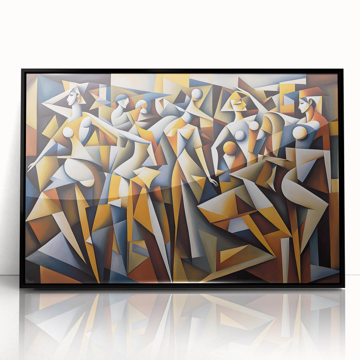 Framed abstract figurative wall art with a black acrylic finish, showcasing vibrant colors and dynamic shapes, perfect for modern decor.