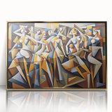Framed abstract figurative wall art with gold accents, showcasing fluid shapes and vibrant colors, perfect for modern decor.
