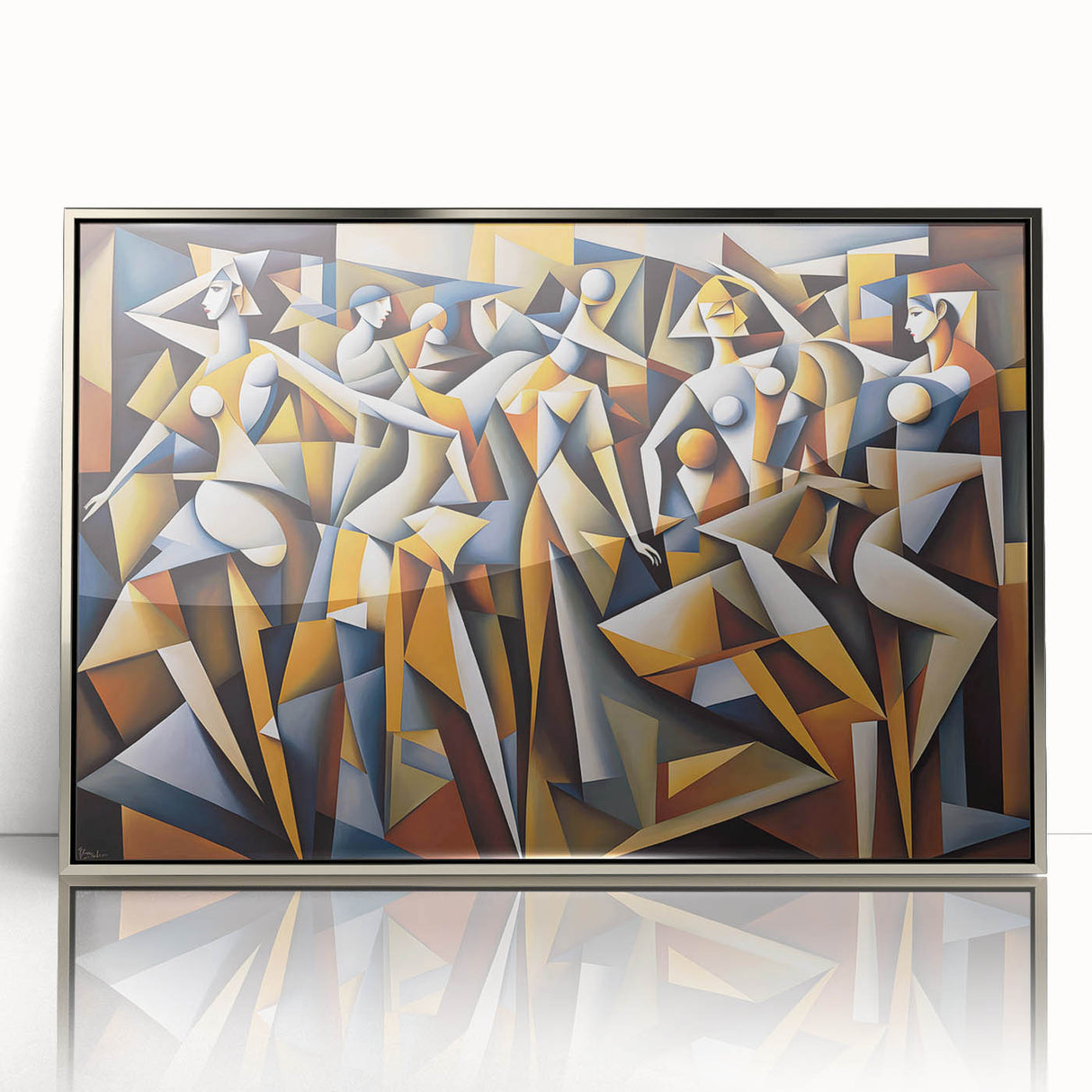 Framed abstract figurative wall art design in silver, showcasing modern shapes and textures, perfect for contemporary home decor.