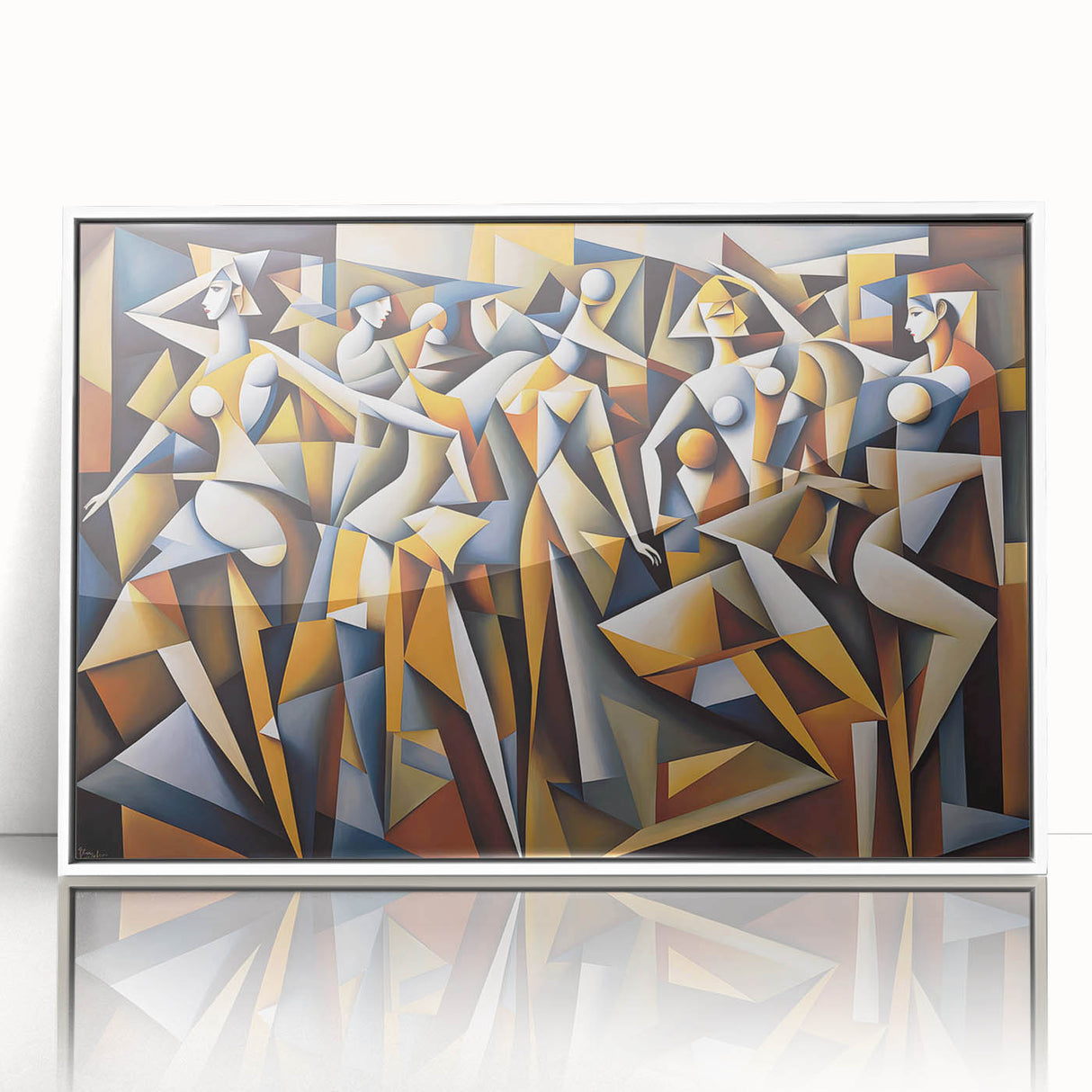 Framed abstract figurative wall art in a white frame, showcasing vibrant colors and unique shapes, ideal for modern home decor.