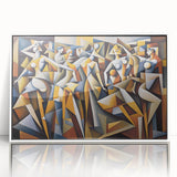 Framed abstract figurative wall art in a white frame, showcasing vibrant colors and unique shapes, ideal for modern home decor.