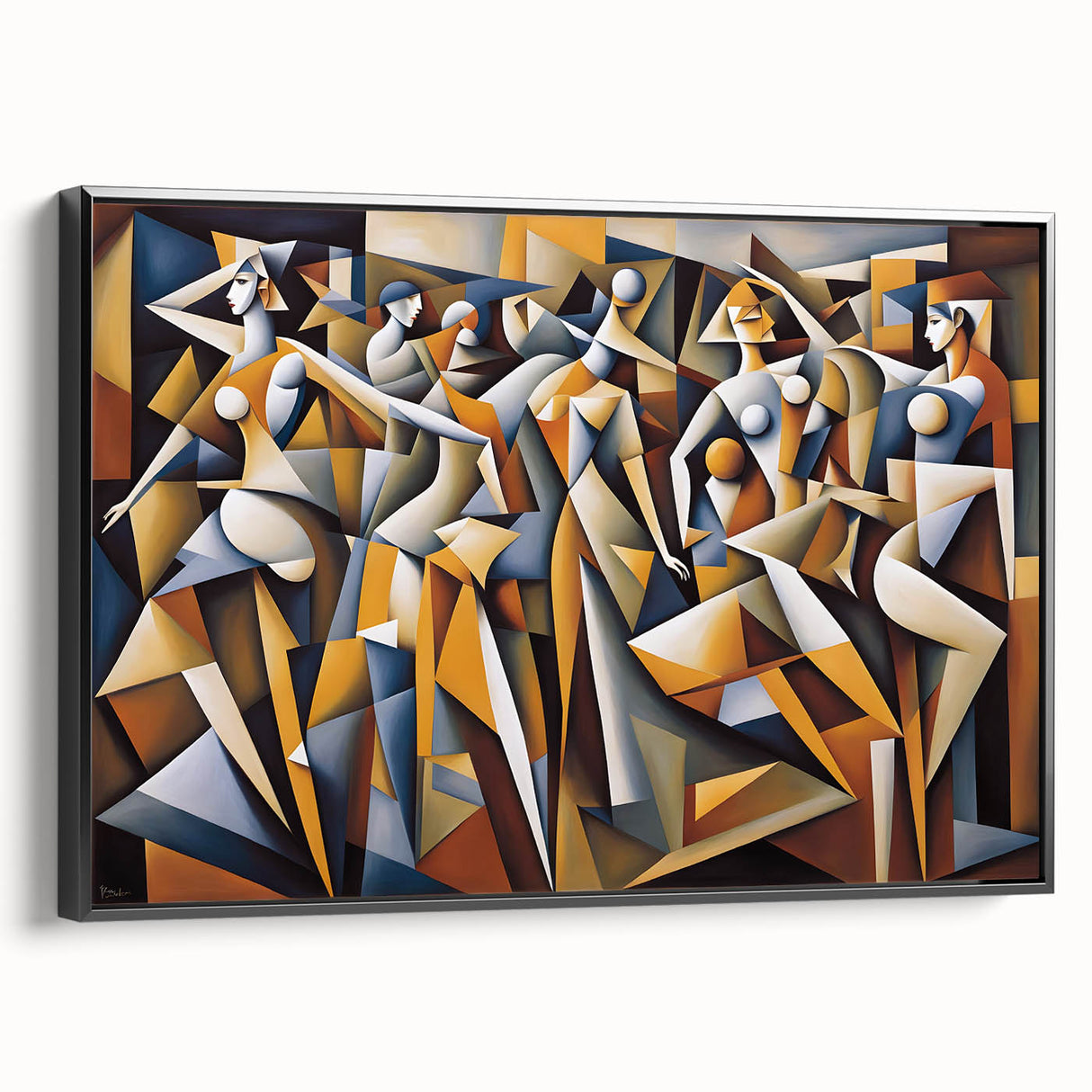 Framed abstract figurative wall art showcasing a modern design in bold colors with a sleek black frame, perfect for contemporary decor.