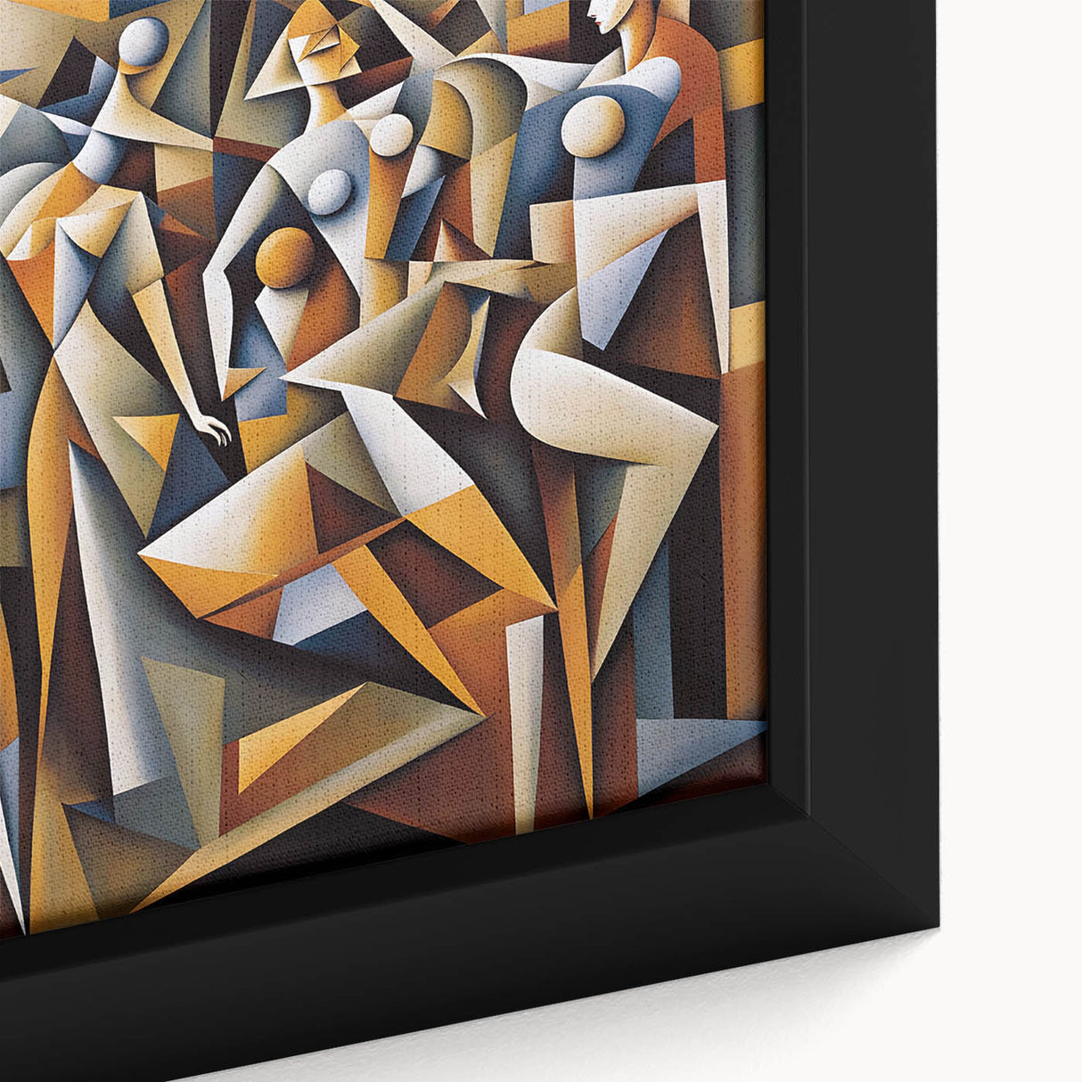 Close-up of a framed abstract figurative wall art piece showcasing vibrant colors and unique shapes, perfect for modern home decor.