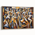 Framed abstract figurative wall art with gold accents, showcasing a dynamic design on canvas, perfect for modern home decor.