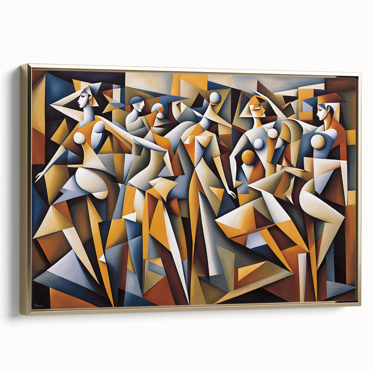 Framed abstract figurative wall art with gold accents, showcasing a dynamic design on canvas, perfect for modern home decor.