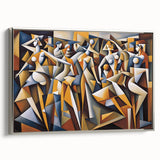 Framed abstract figurative wall art collection in silver, showcasing a modern design with vibrant colors and intricate patterns, side view.
