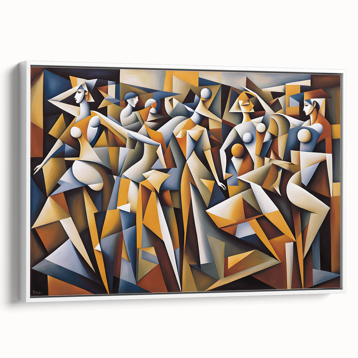 Framed abstract figurative wall art featuring vibrant colors and dynamic shapes, set in a sleek white frame, perfect for modern decor.