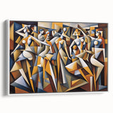 Framed abstract figurative wall art featuring vibrant colors and dynamic shapes, set in a sleek white frame, perfect for modern decor.