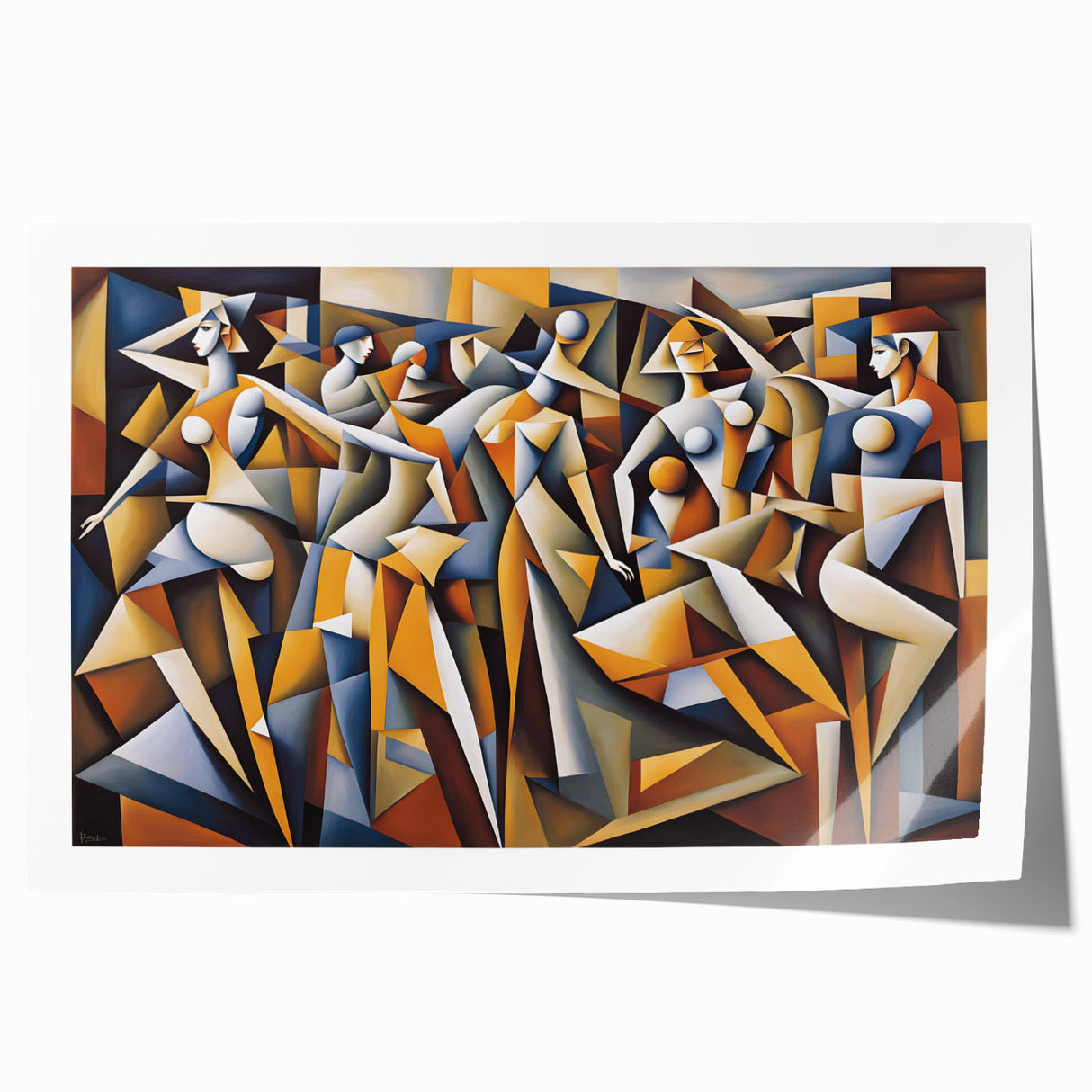 Abstract wall art print showcasing a colorful, figurative design with dynamic shapes and patterns, rolled and ready for framing.