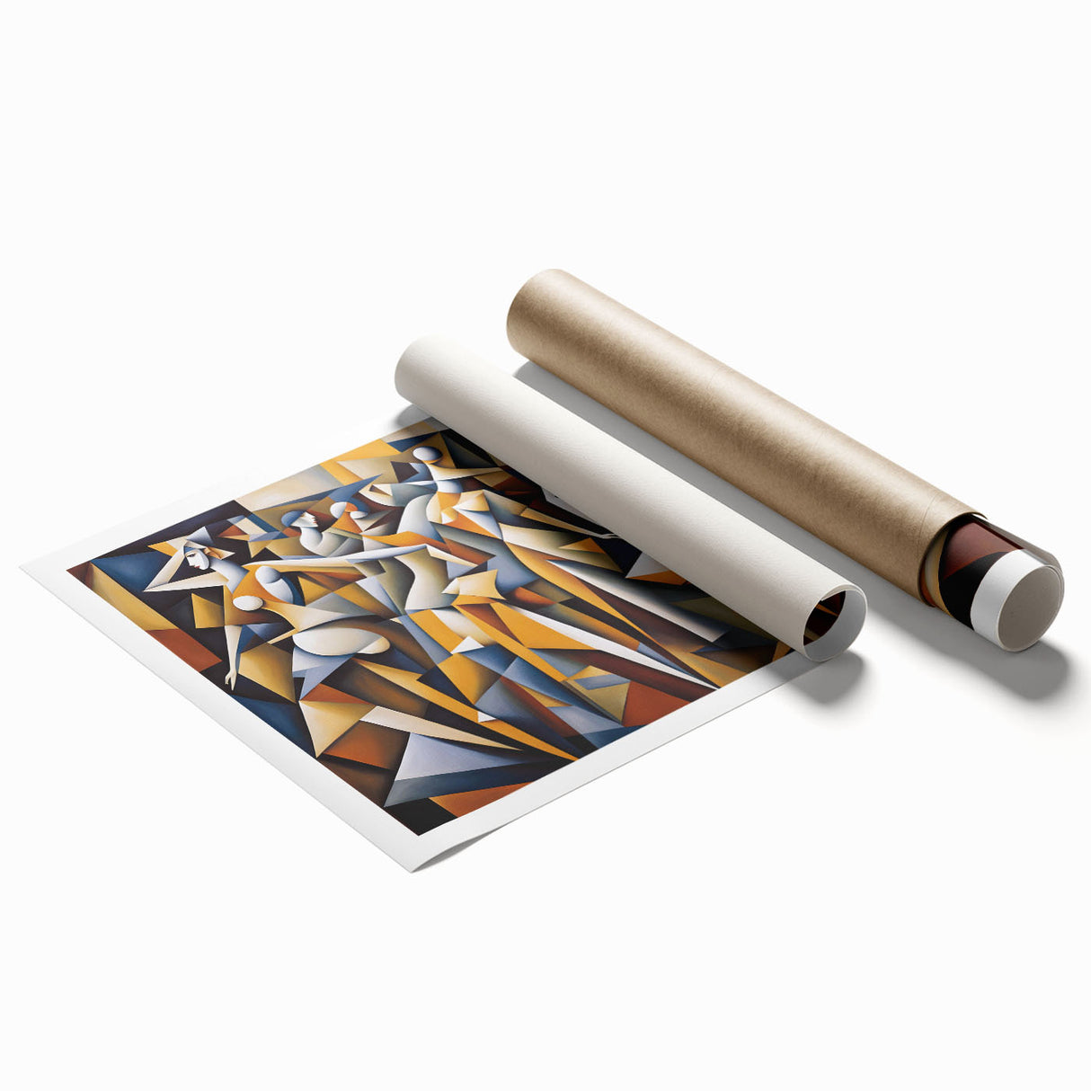Abstract figurative wall art print showcasing vibrant colors and fluid shapes, perfect for modern home decor, rolled for easy framing.
