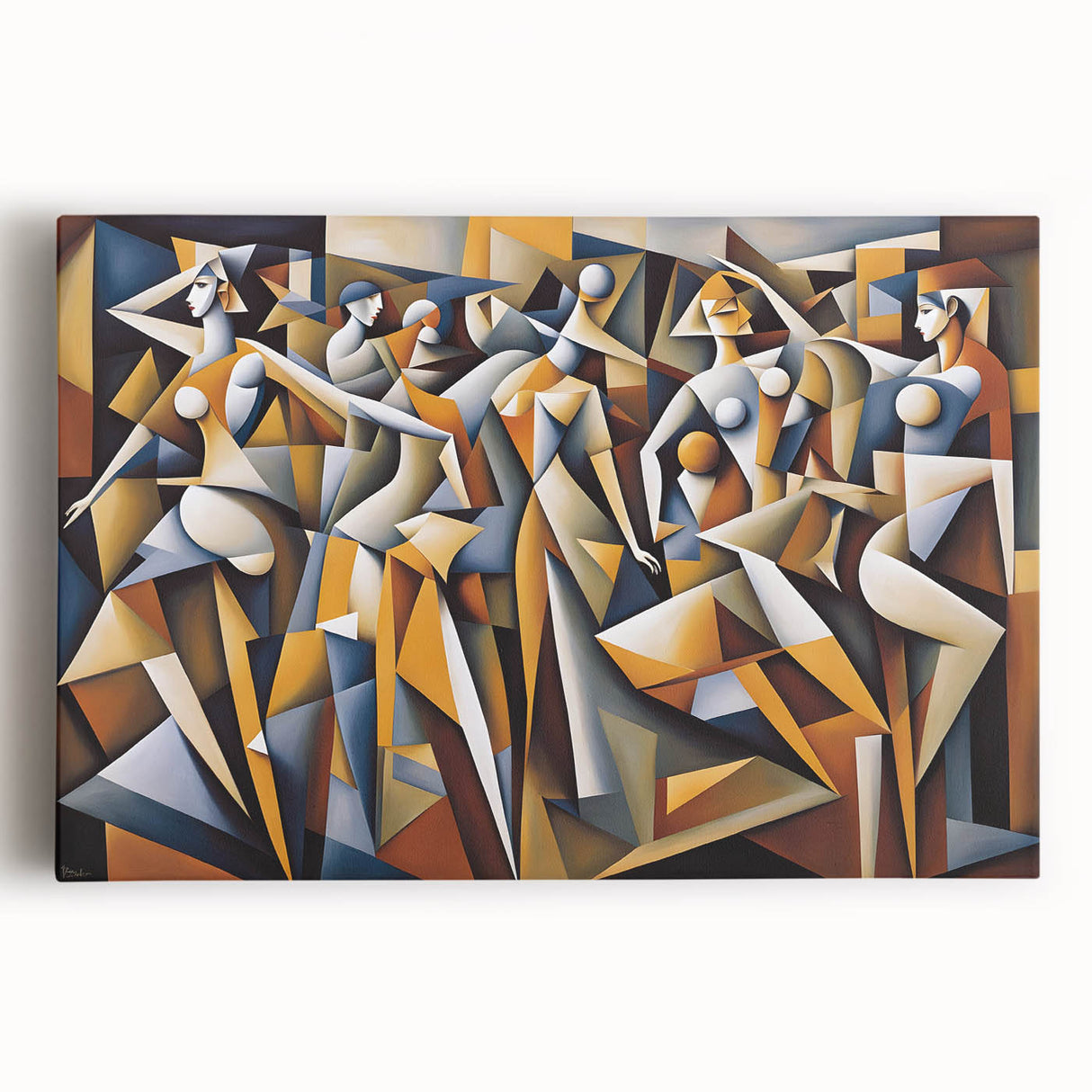 Abstract figurative wall art canvas print showcasing vibrant colors and fluid shapes, perfect for modern home decor, displayed in a gallery-style setting.