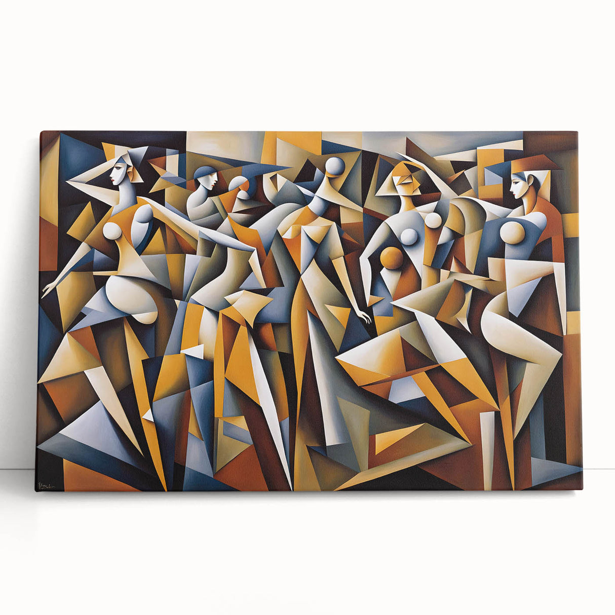 Abstract figurative wall art on stretched canvas, showcasing vibrant colors and dynamic shapes, perfect for modern home decor.