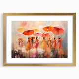 Abstract figurative wall art in a gold frame with matting, showcasing vibrant colors and modern design elements, perfect for home decor.