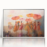 Framed abstract figurative wall art design featuring vibrant colors and dynamic shapes, set against a sleek white frame for modern decor.