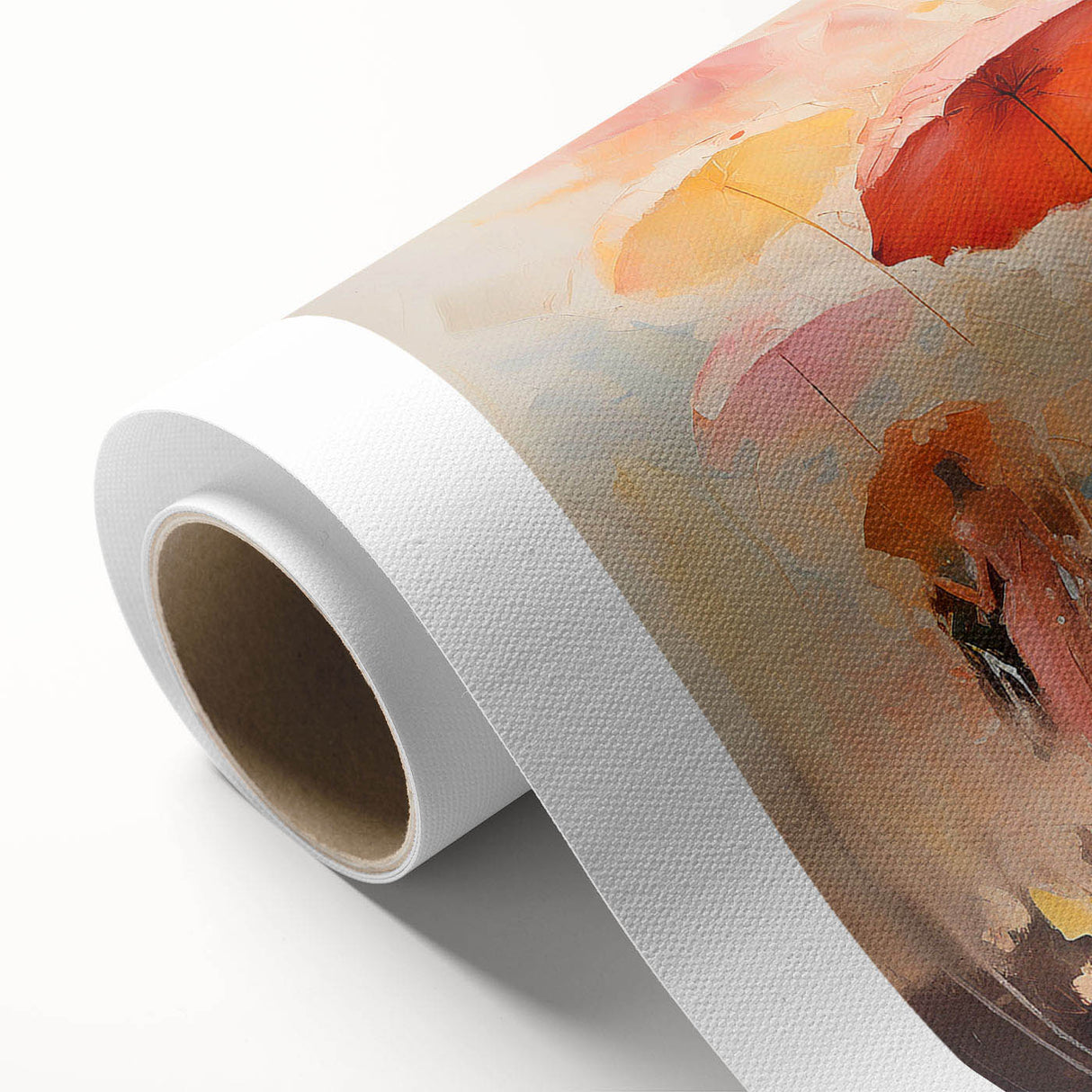 Abstract figurative wall art design on rolled canvas showcasing vibrant colors and fluid shapes, perfect for modern home decor or gallery display.