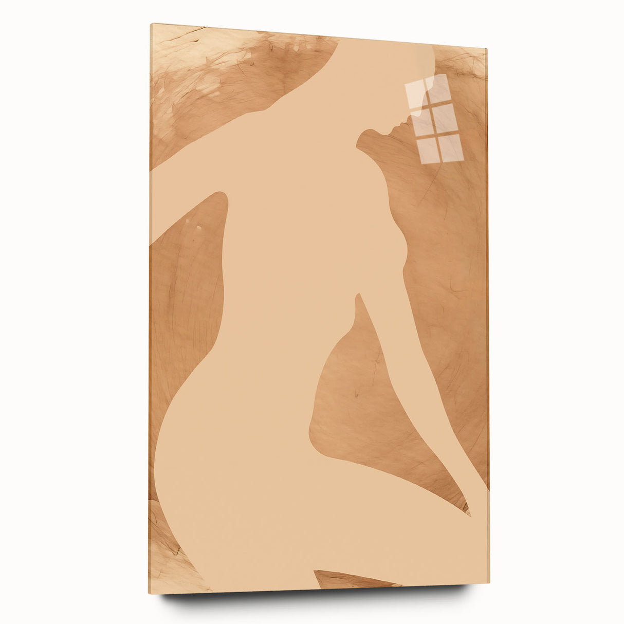 Abstract figurative wall art collection displayed in acrylic glass, showcasing vibrant colors and unique design elements from a side view, ideal for modern decor.