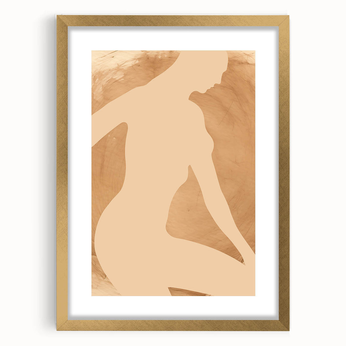 Framed abstract figurative wall art featuring a vibrant gold mat, showcasing a modern design with rich colors and textures, ideal for contemporary decor.