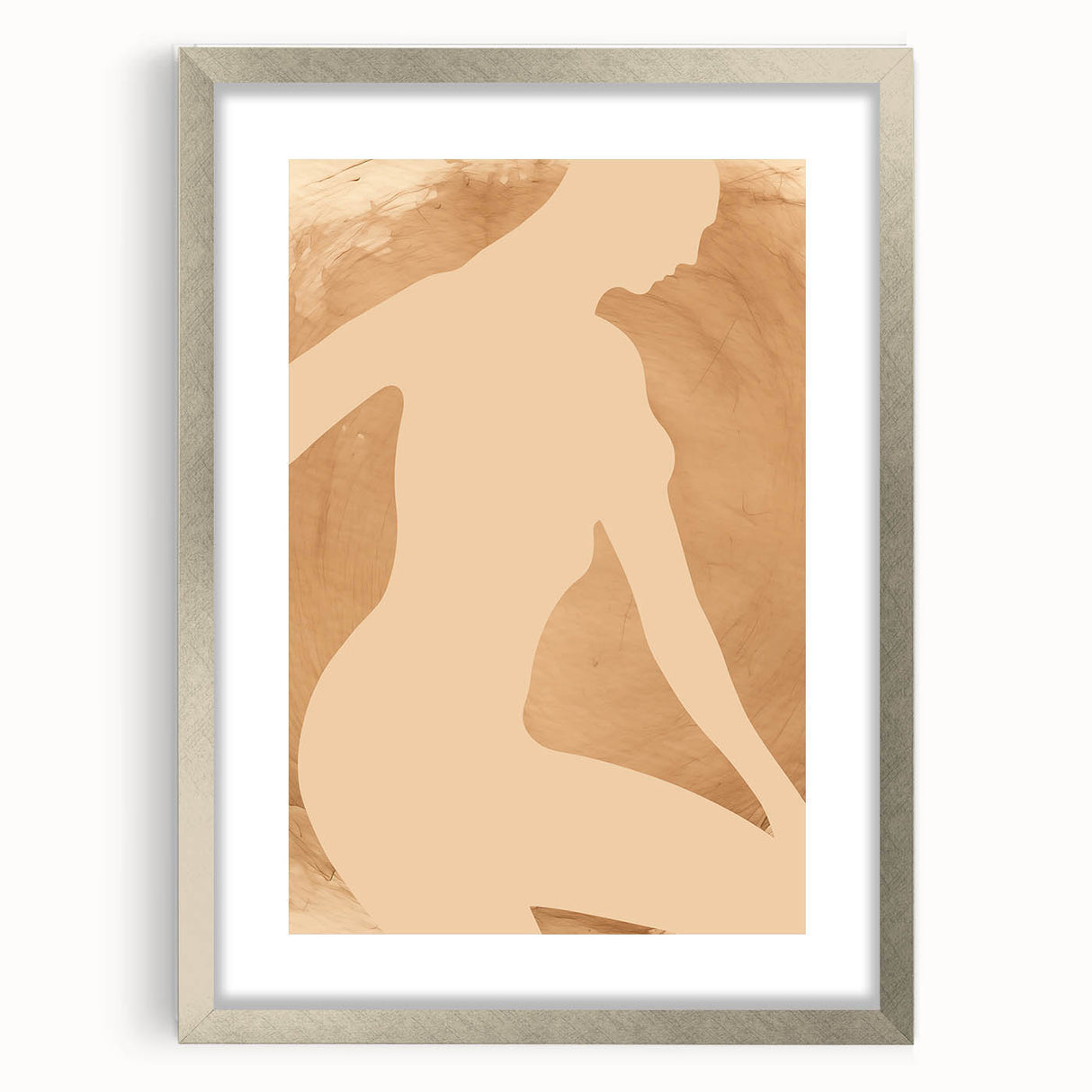 Abstract figurative wall art collection featuring a silver-framed design with a mat, showcasing vibrant colors and modern shapes for contemporary decor.