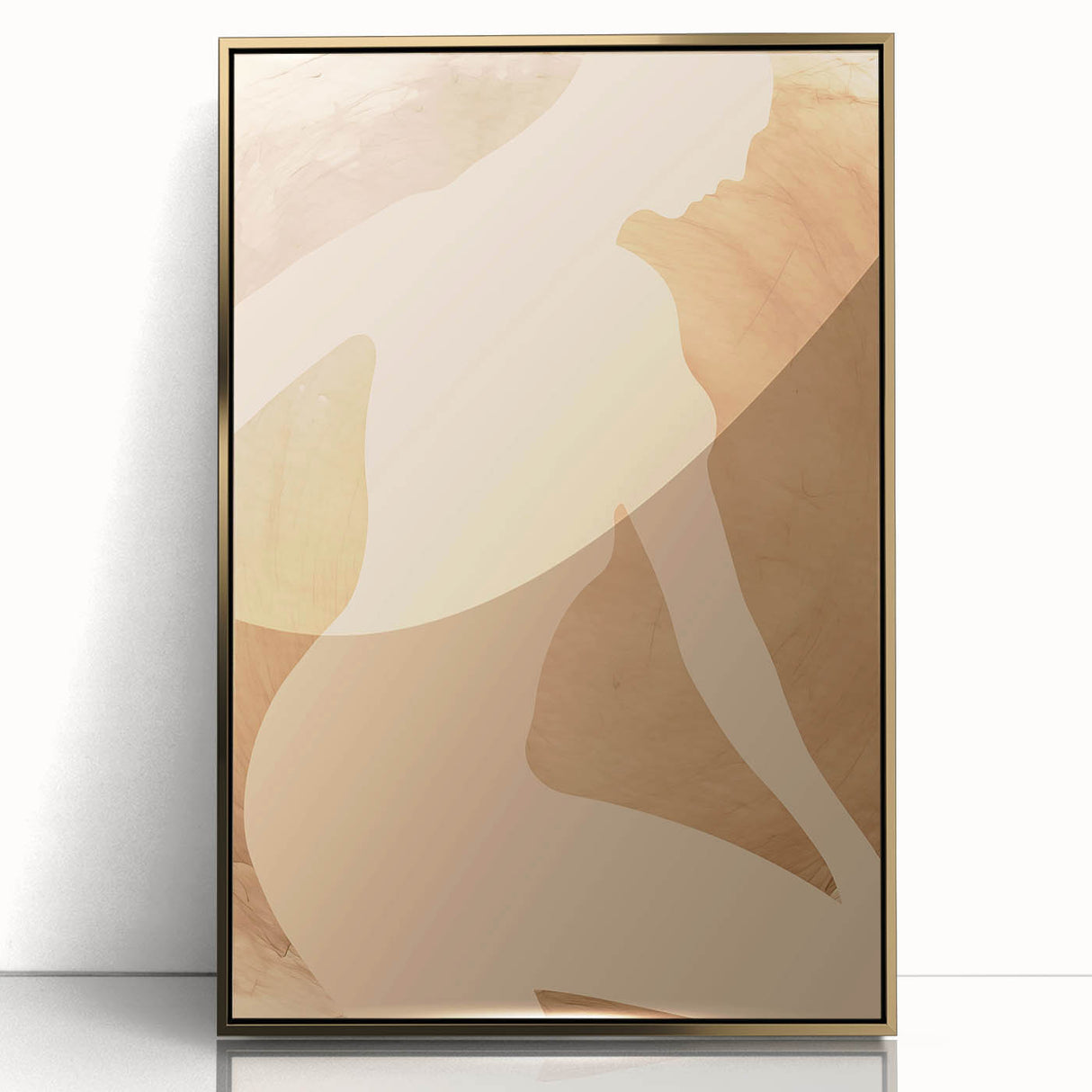 Framed abstract figurative wall art featuring a gold-acrylic design, showcasing flowing shapes and modern elegance, perfect for contemporary decor.