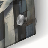 Close-up of an abstract figurative wall art design featuring vibrant colors and dynamic shapes, printed on acrylic glass for a modern aesthetic.