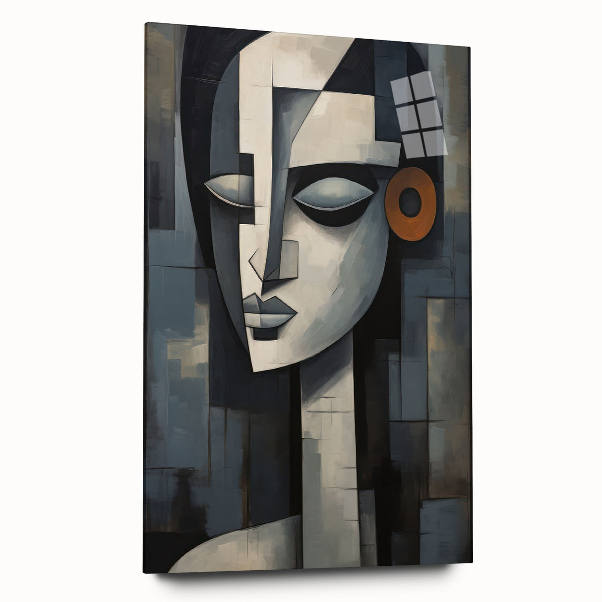 Abstract figurative wall art collection displayed in a sleek acrylic glass frame, showcasing vibrant colors and modern design elements.